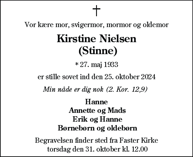 Dødsannonce for Kirstine Nielsen