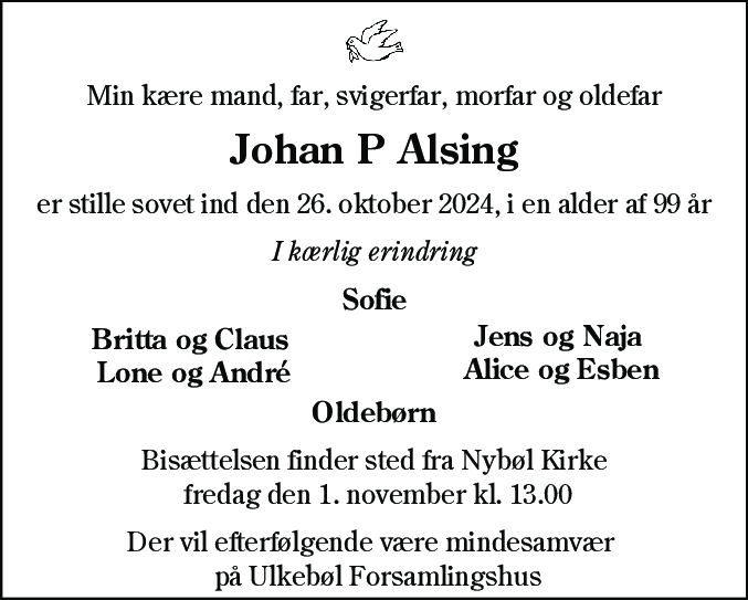 Dødsannonce for Johan P Alsing