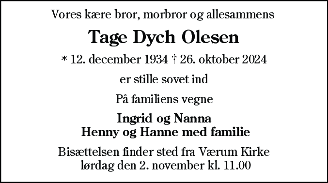 Dødsannonce for Tage Dych Olesen