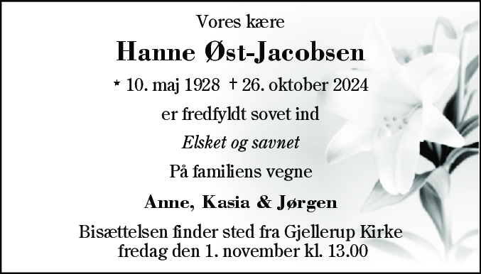 Dødsannonce for Johanne Kathrine Øst-Jacobsen