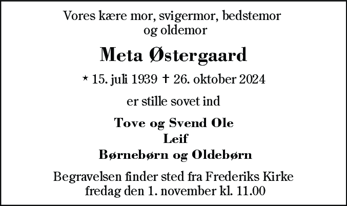 Dødsannonce for Meta Elisabet Østergaard