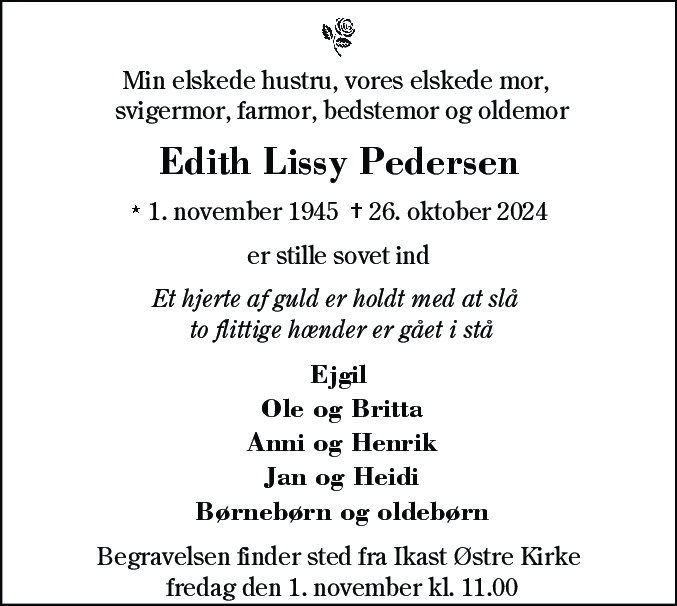 Dødsannonce for Edith Lissy Pedersen