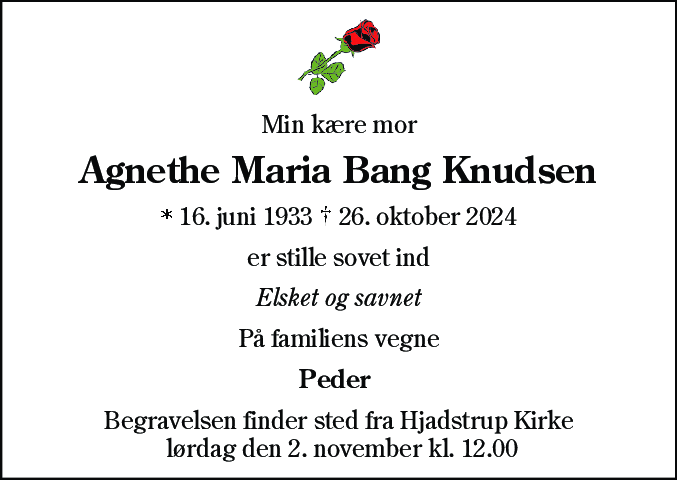 Dødsannonce for Agnethe Maria Bang Knudsen
