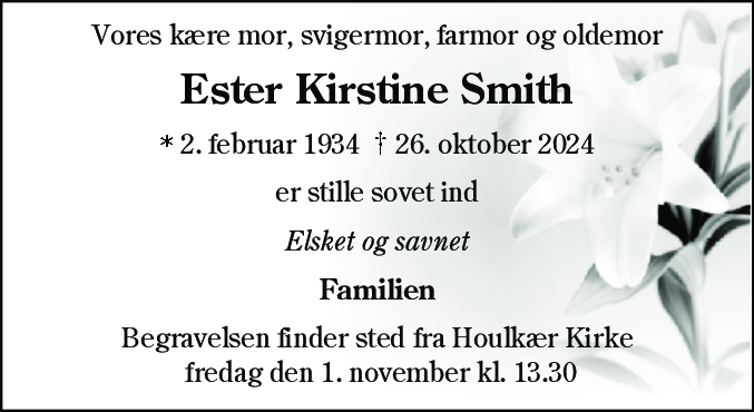 Dødsannonce for Ester Kirstine Smith