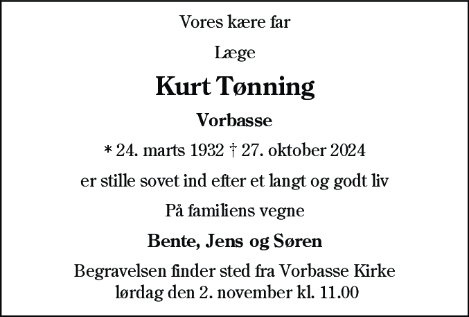 Dødsannonce for Kurt Preben Tønning