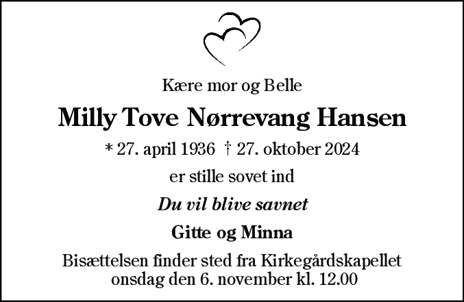 Dødsannonce for Milly Tove Nørrevang Hansen