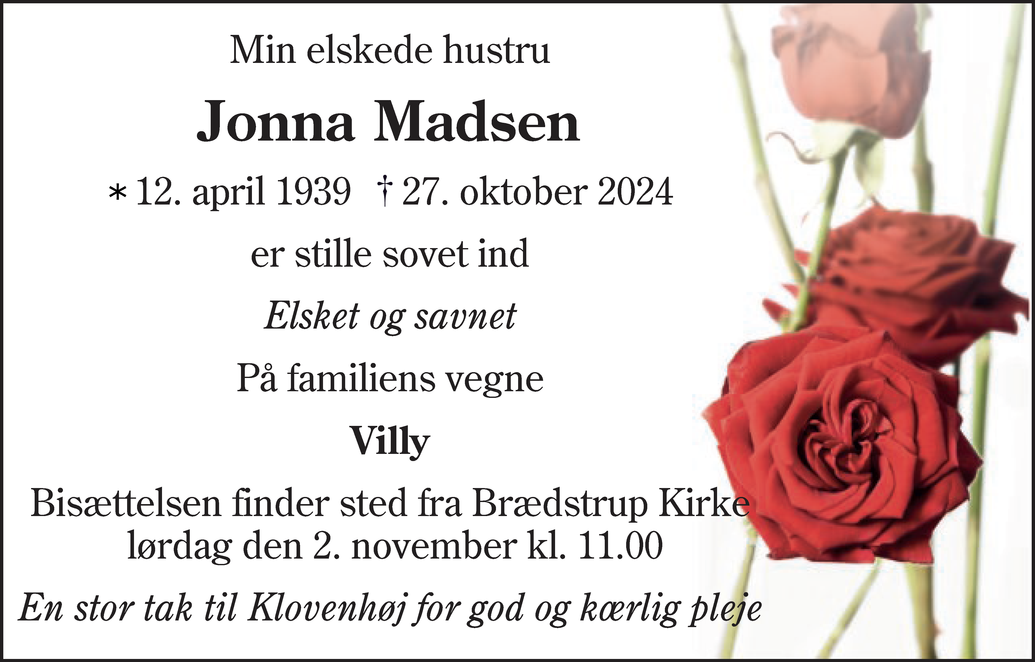 Dødsannonce for Jonna Madsen