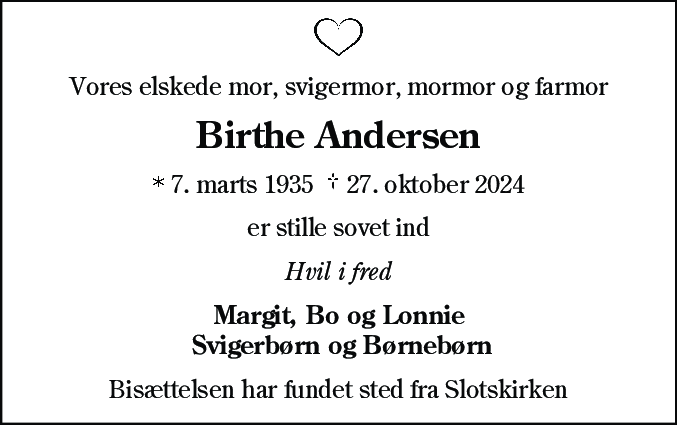 Dødsannonce for Birthe Andersen