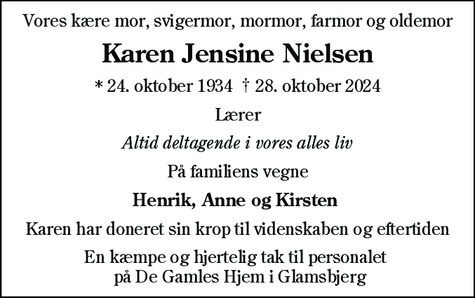 Dødsannonce for Karen Jensine Nielsen