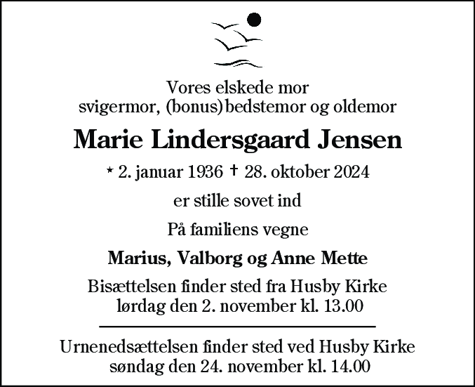 Dødsannonce for Marie Lindersgaard Jensen