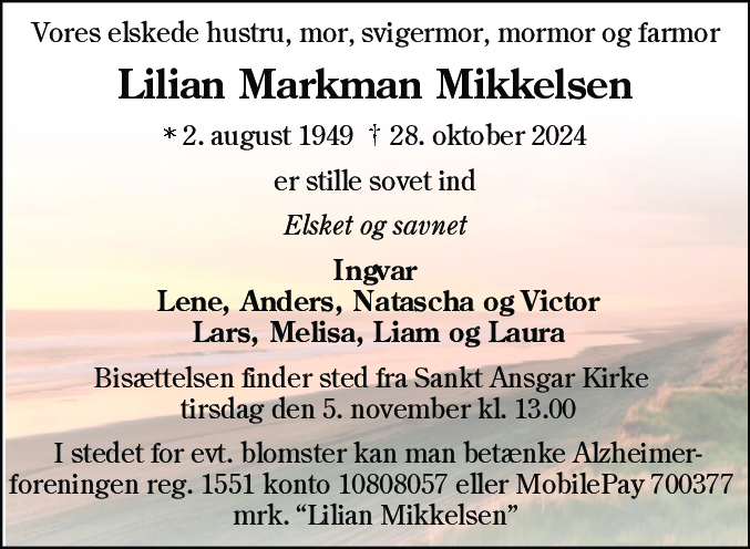 Dødsannonce for Lilian Markman Mikkelsen