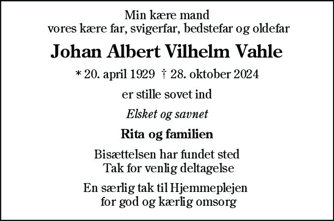Dødsannonce for Johan Albert Vilhelm Vahle