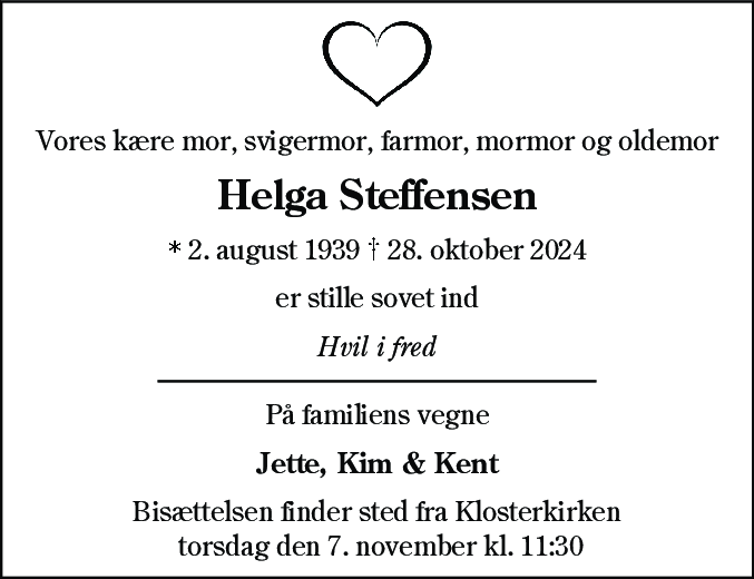 Dødsannonce for Helga Steffensen
