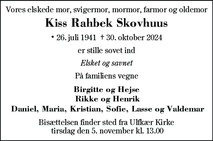 Dødsannonce for Krista Rahbek Skovhuus