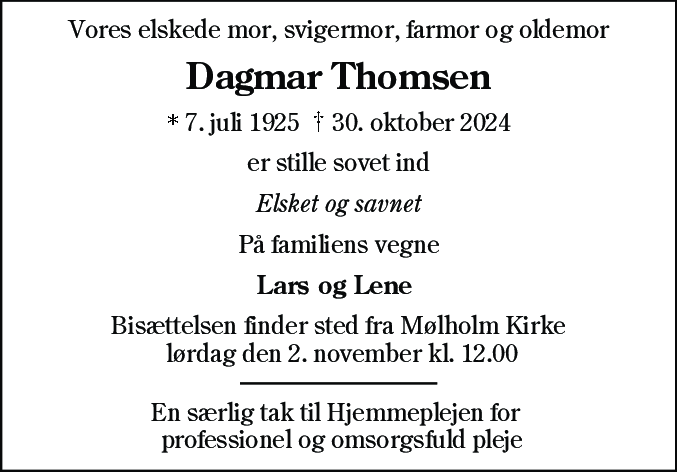 Dødsannonce for Dagmar Catrine Thomsen
