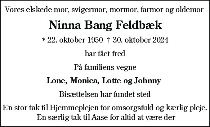 Dødsannonce for Ninna Bang Feldbæk