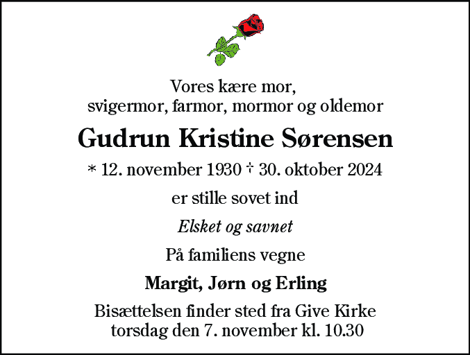 Dødsannonce for Gudrun Kristine Sørensen