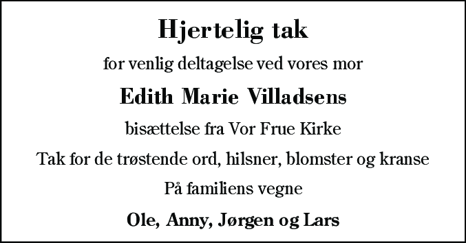 Dødsannonce for Edith Marie Villadsen