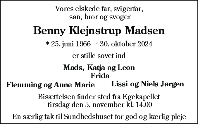 Dødsannonce for Benny Klejnstrup Madsen