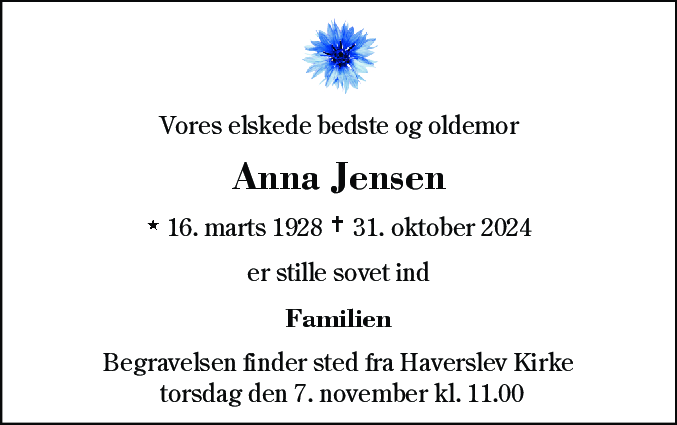 Dødsannonce for Anna Jensen