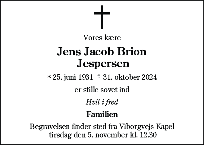 Dødsannonce for Jens Jacob Brian Rosenkjær Jespersen