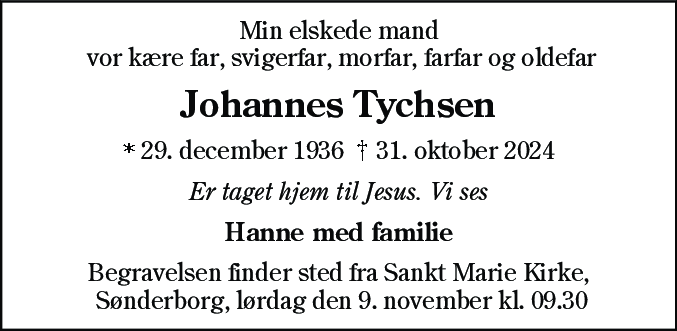 Dødsannonce for Johannes Tychsen
