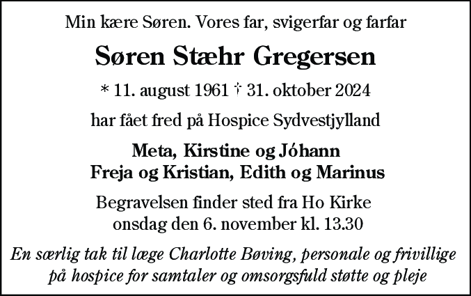 Dødsannonce for Søren Overgaard Gregersen