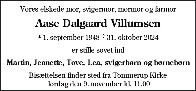 Dødsannonce for Aase Dalgaard Villumsen