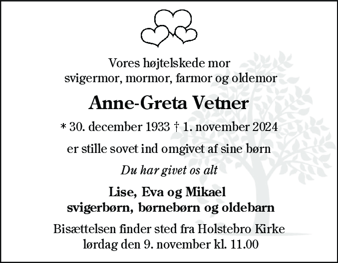 Dødsannonce for Anne-Greta Vetner