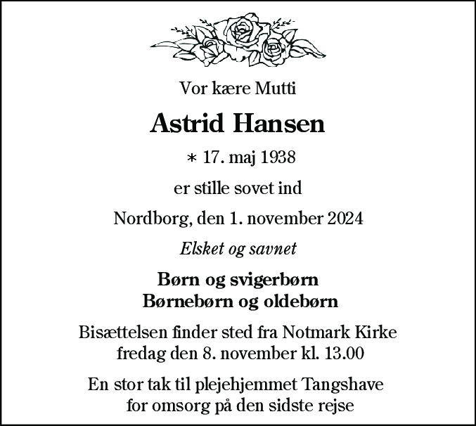 Dødsannonce for Astrid Hansen