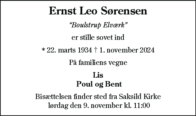 Dødsannonce for Ernst Leo Sørensen