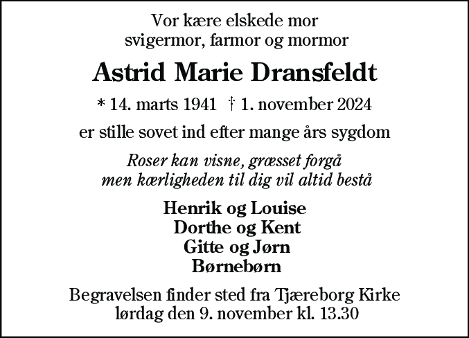 Dødsannonce for Astrid Marie Dransfeldt