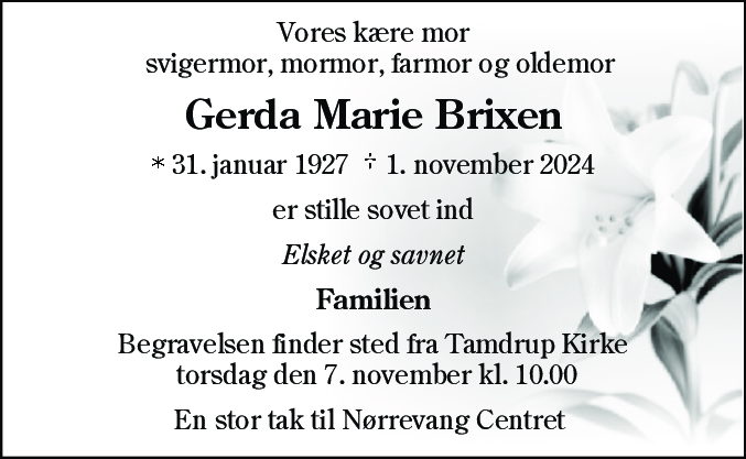 Dødsannonce for Gerda Marie Brixen