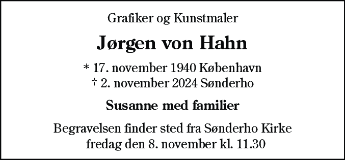 Dødsannonce for Jørgen von Hahn