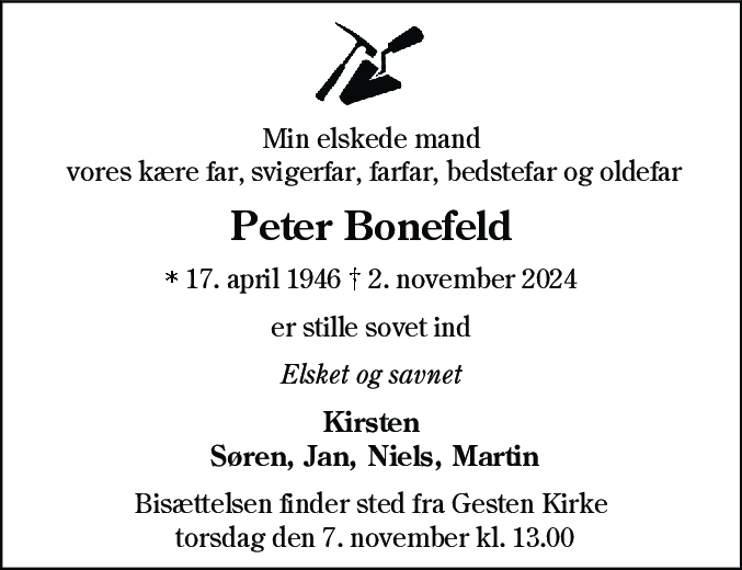 Dødsannonce for Peter Bonefeld