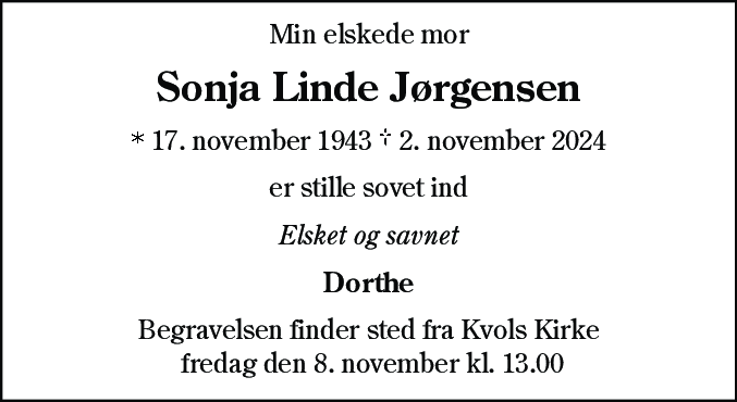Dødsannonce for Sonja Linde Jørgensen