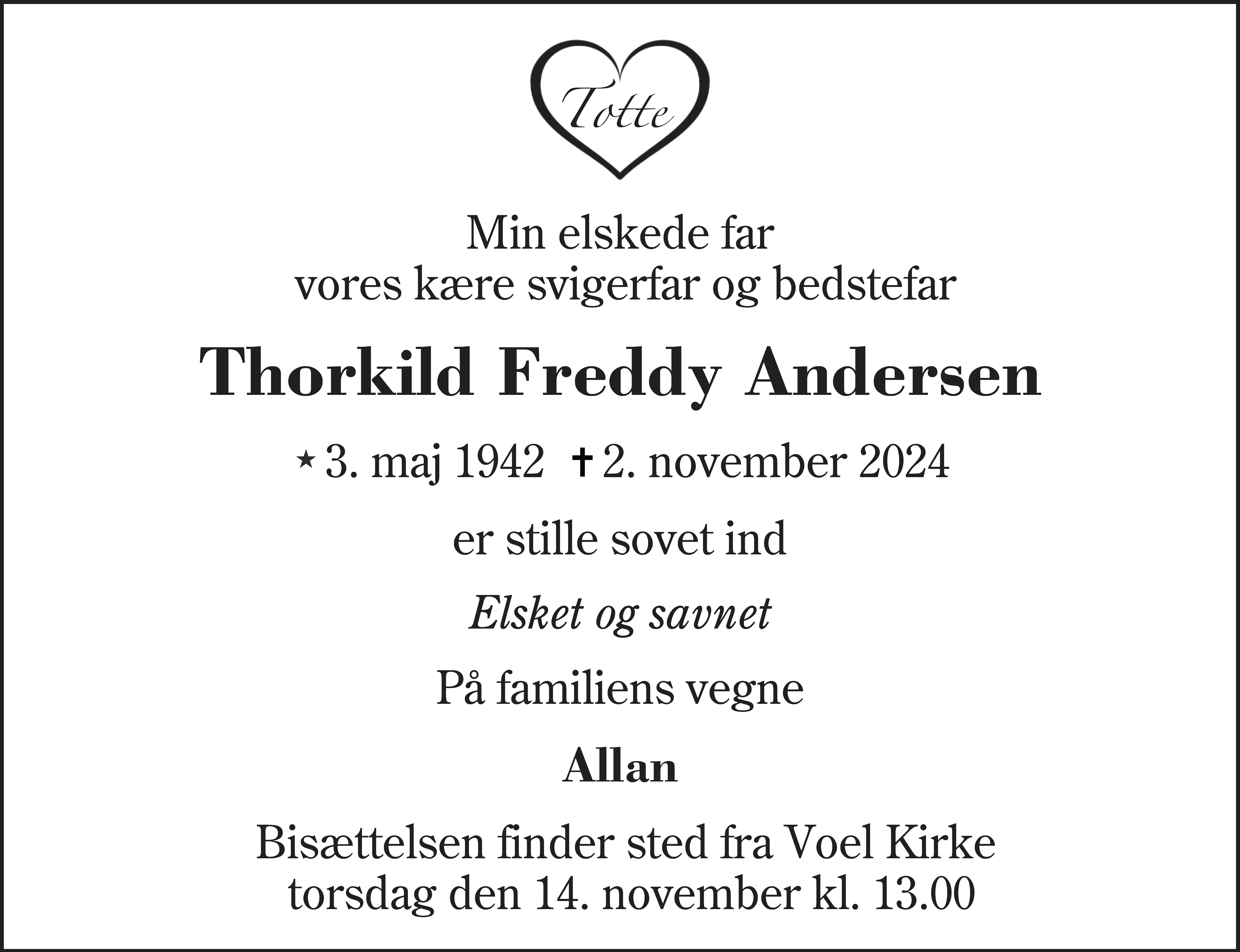 Dødsannonce for Thorkild Freddy Andersen