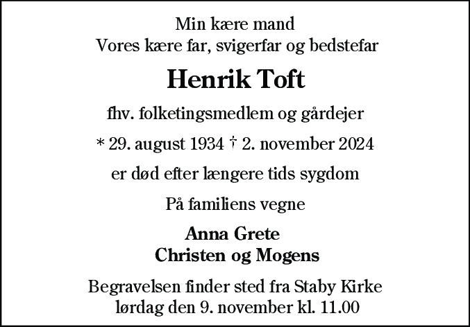 Dødsannonce for Henrik Toft
