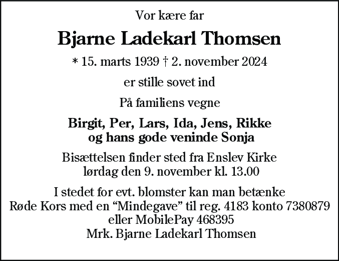 Dødsannonce for Bjarne Ladekarl Thomsen