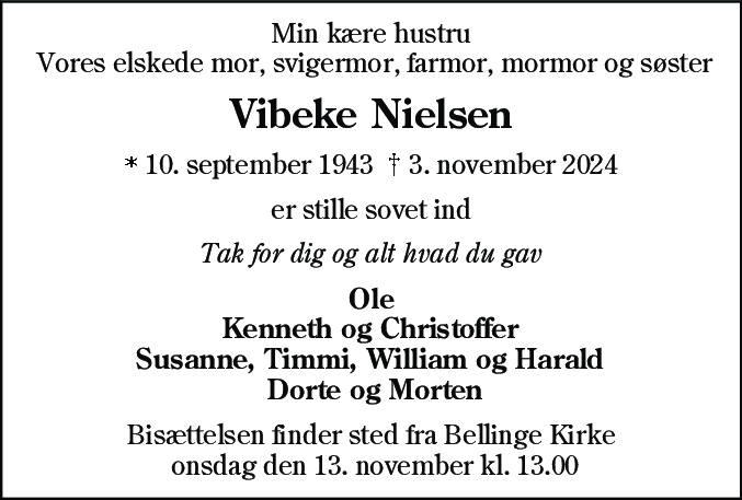 Dødsannonce for Vibeke Nielsen