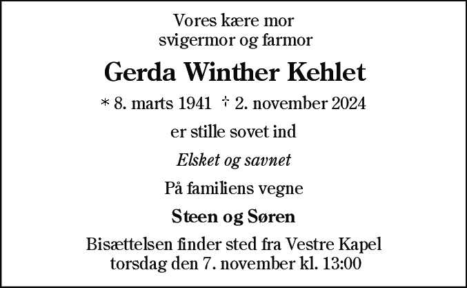 Dødsannonce for Gerda Winther Kehlet