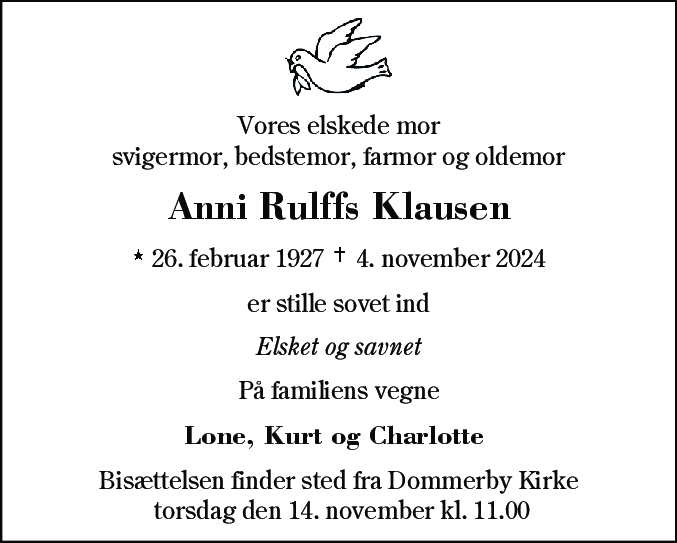 Dødsannonce for Anni Rulffs Klausen