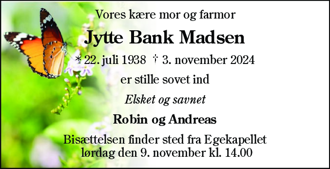 Dødsannonce for Jytte Bank Madsen