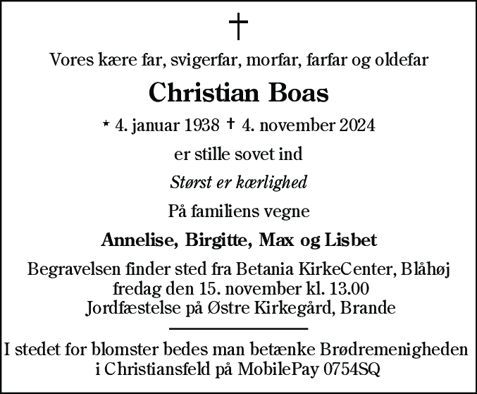 Dødsannonce for Christian Boas