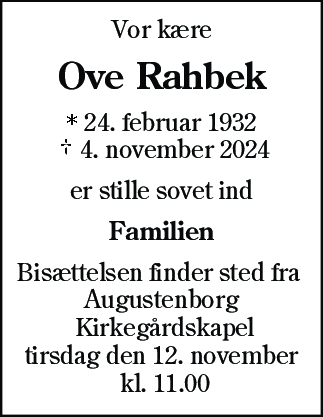 Dødsannonce for Ove Rahbek