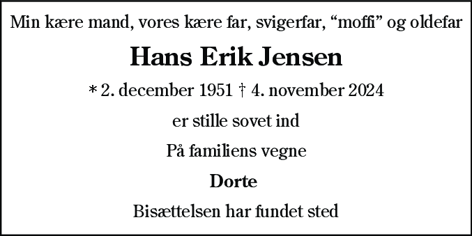 Dødsannonce for Hans Erik Jensen