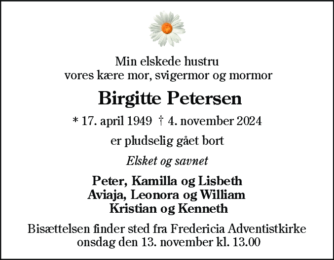 Dødsannonce for Ellen Birgitte Petersen