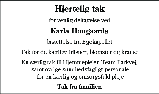 Dødsannonce for Karla Nielsine Kirstine Hougaard
