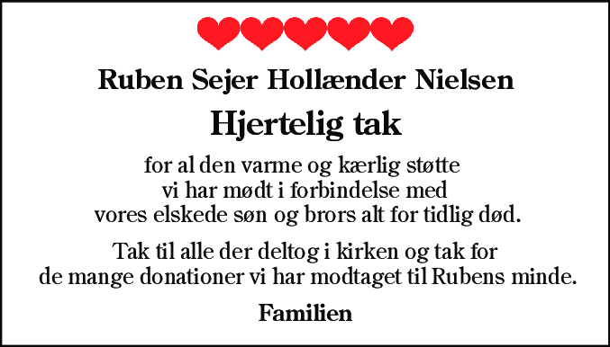 Dødsannonce for Ruben Sejer Hollænder Nielsen