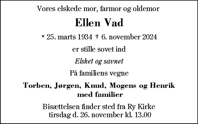 Dødsannonce for Ellen Vad